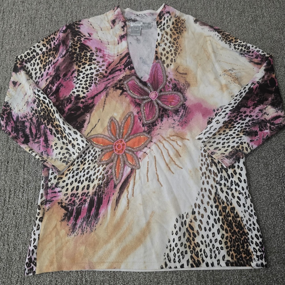 Alberto Makali XL Embellished Tunic Top Animal Print Floral Beaded Y2K
